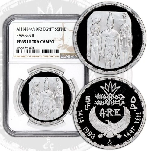 EGYPT AH1414/ 1993 Silver 5 Pounds NGC PF 69 ULTRA CAMEO Ramses Menkaure Triad