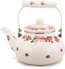 Tea Kettle Stove Top, Enamel, 2.4L, Colorful Pink Floral Retro Classic Design