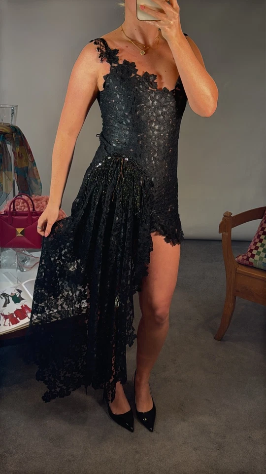 RUTI DANAN Dress UK S Black Lace Asymmetric Skirt Beaded Button Closure - Image 2 of 4