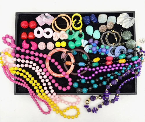 Vintage Costume Jewelry Lot Colorful Plastic Resin Necklaces Earrings 34pc