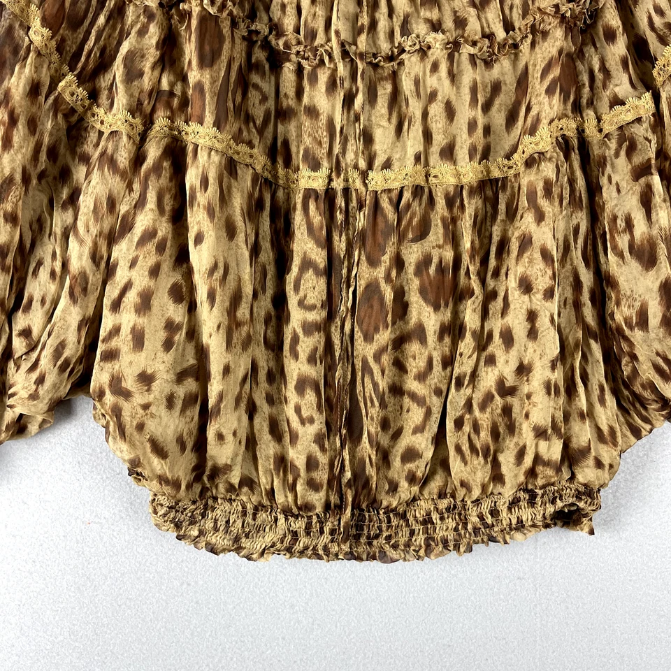 Sundance Leopard Silk Top Womens Large Tan Dolman Sleeve Smocked Sheer Lace Boho - Image 3 of 4