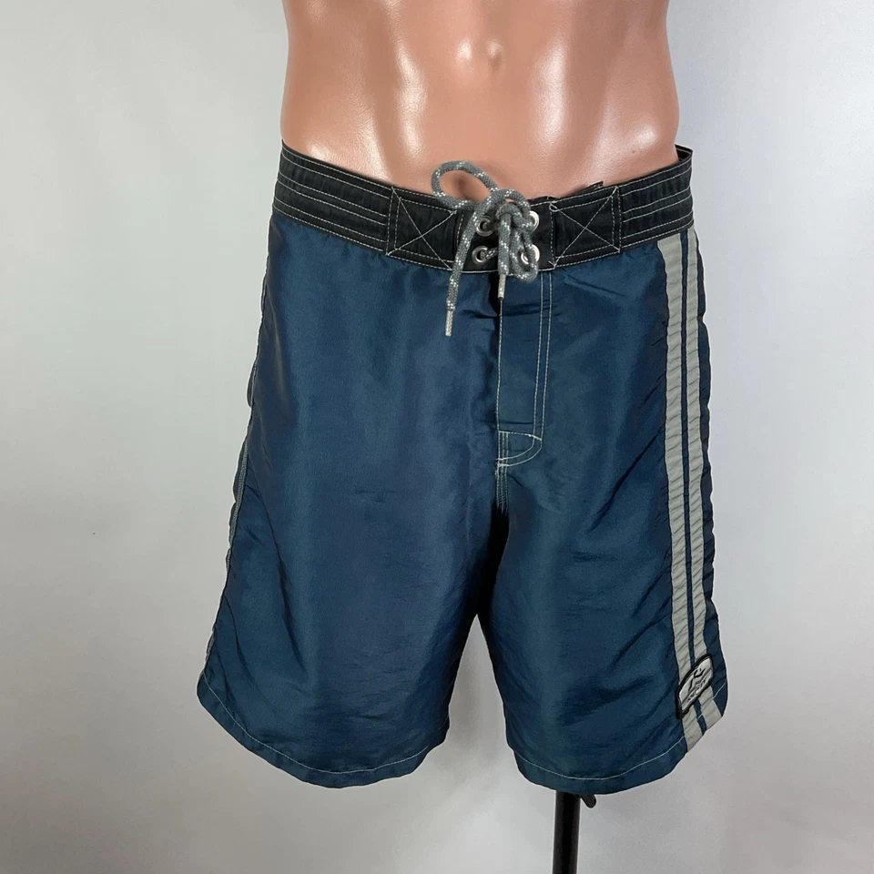 Vintage 80s Rusty 100% Nylon Surf Boardshorts 33 Pocket Metallic Blue 3M Shiny - Image 4 of 4