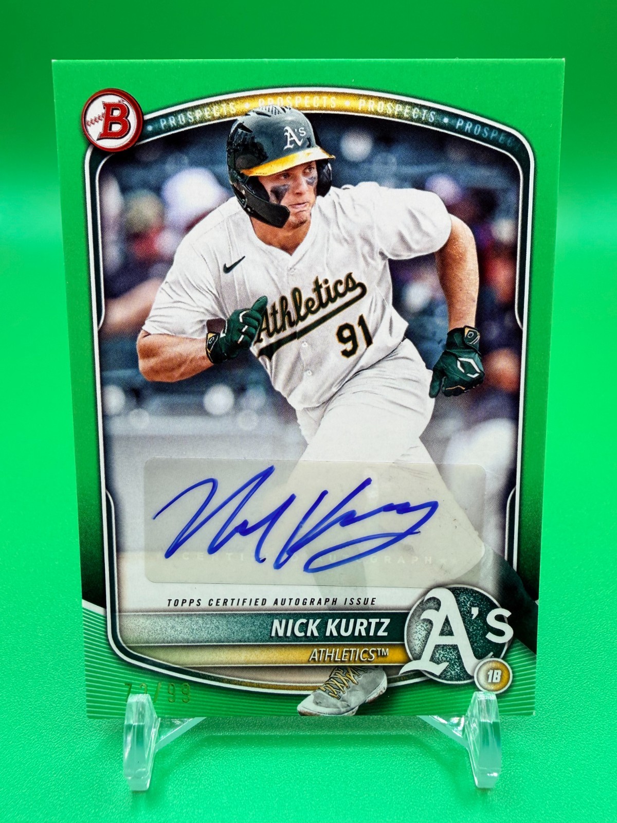 2025 Bowman NICK KURTZ Bowman Prospect Autographs /99 GREEN COLOR MATCH RC BPANK