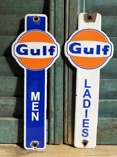 VINTAGE GULF RESTROOM MENS LADIES GASOLINE SET 10” PORCELAIN GAS OIL SIGN
