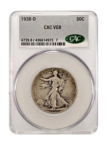 1938-D Walking Liberty Half Dollar CACG VG8 Circulated Key Date 50C