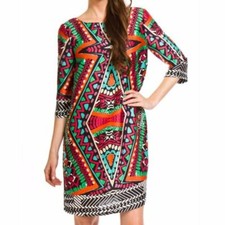 NEW NWT ALEXIA ADMOR 3/4 Sleeve Chemise Dress Pink Orange Aztec Boho Slip Medium