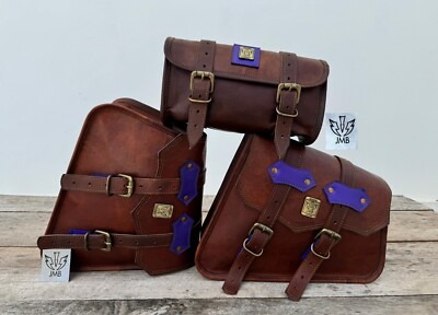 Real Brown  Leather COMBO Motorcycle Saddle Bag Panniers Tool Pouch Side Bag