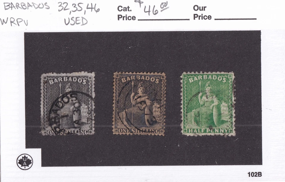 SELLOS DE MATT SCOTT BARBADOS #32, 35, 46 EMISIONES DE BRITANNIA DE 1871-75, USADOS CV$46 Foto 3 de 3