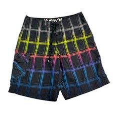 Hurley Mens Board Shorts 32 x 10 Black With Multi Color Plaid Print GUC