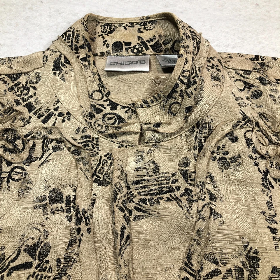 Blazer Chico's Mujer Lino Seda Talla 1 EE. UU. 8 Beige Negro Cuello Simulado Manga 3/4 Foto 4 de 4