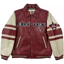 Men's Avirex Cream and Maroon Varsity Bomber Jacket – Premium Leather Jacket