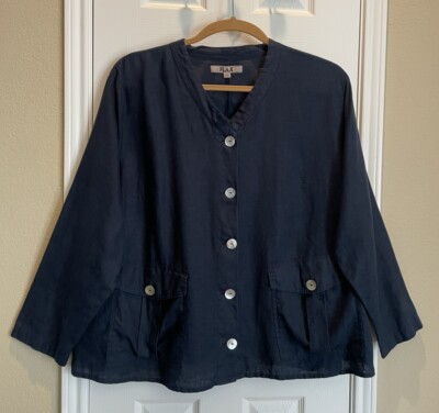FLAX Navy Blue Button Down Blouse ~ SZ 2G