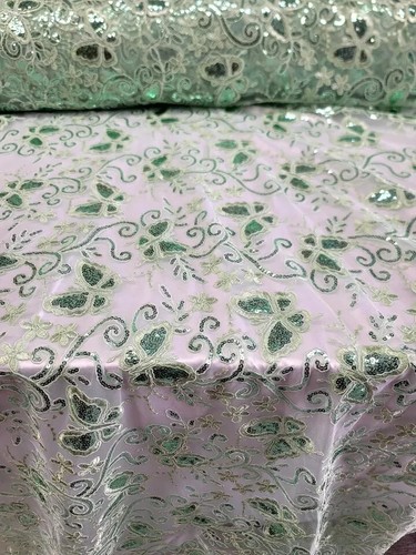 Butterfly Design Lace Sage Embroidered Sequins Fabric Sold By Yard Quinceañera - Picture 8 of 15