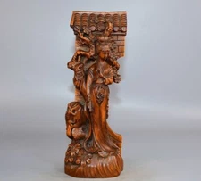 Chinese Antique Boxwood Carved Beautiful Woman Plum Blossom Statue Home Decor