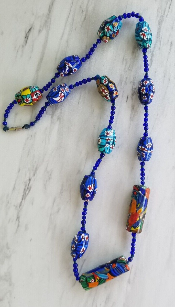 Vintage Venetian Glass Necklace Murano  Dark Blue Millefiori Murano Glass Beads View 6