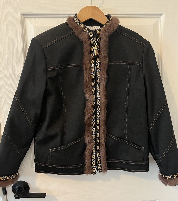 St. John Collection by Marie Gray Black Denim  Fur Jacket Size 6 EUC