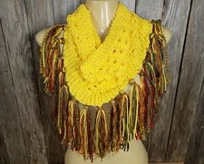 NEW Hand Knitted Yellow Boho Cowl Scarf Fringe Glam Retro Indie Artsy Statement