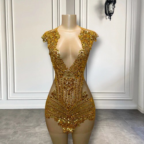 Sparkly Sheer Sexy See Through Cocktail Party Gowns Luxury Gold Short Mini  Dress | eBay