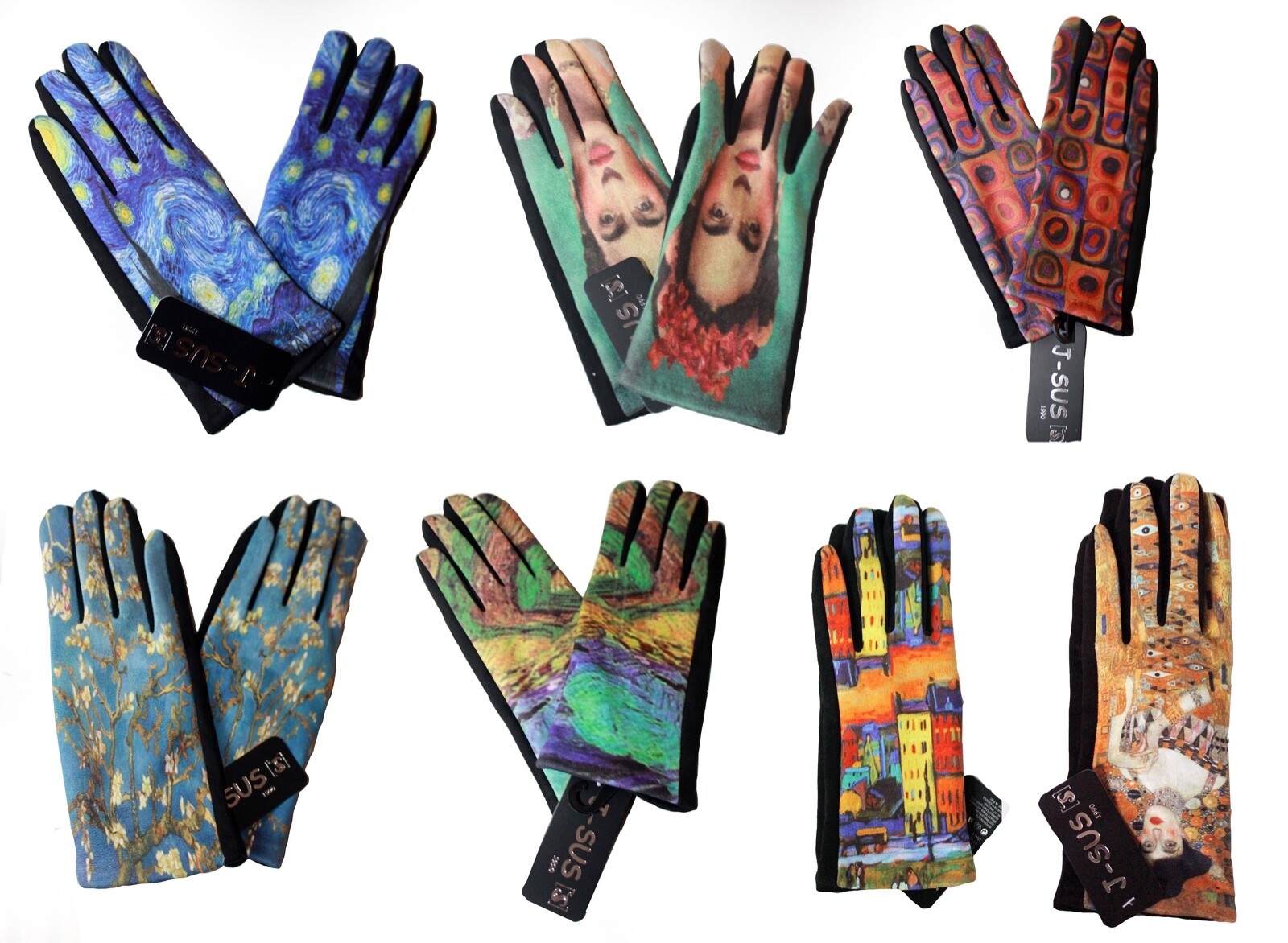 Cuadros famosos, guantes elásticos forrados cálidos. Kandinsky, Frida Kahlo, Klimt.