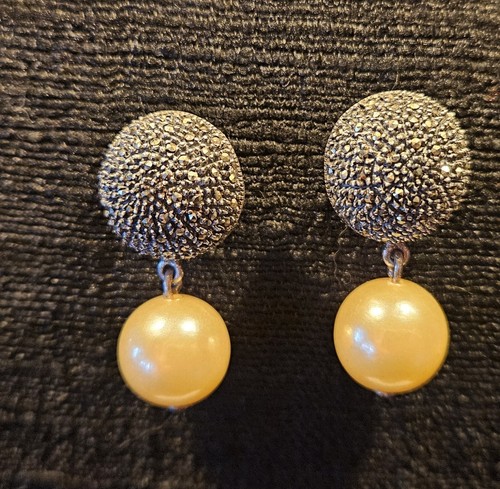 Sterling Silver 925 Marcasite w/Faux Pearl VTG Dangle Post Earrings. Stamped. - Picture 7 of 8