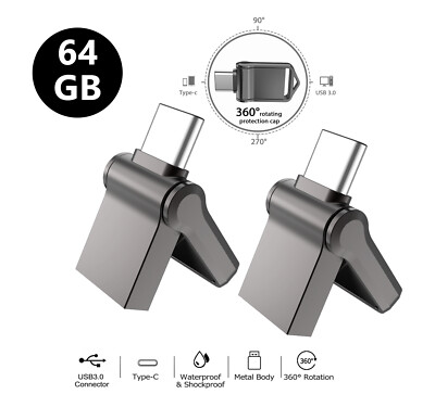 64GB Waterproof Dual Type-C OTG 3.0 USB C Port Flash Drive Mini Memory Stick Lot