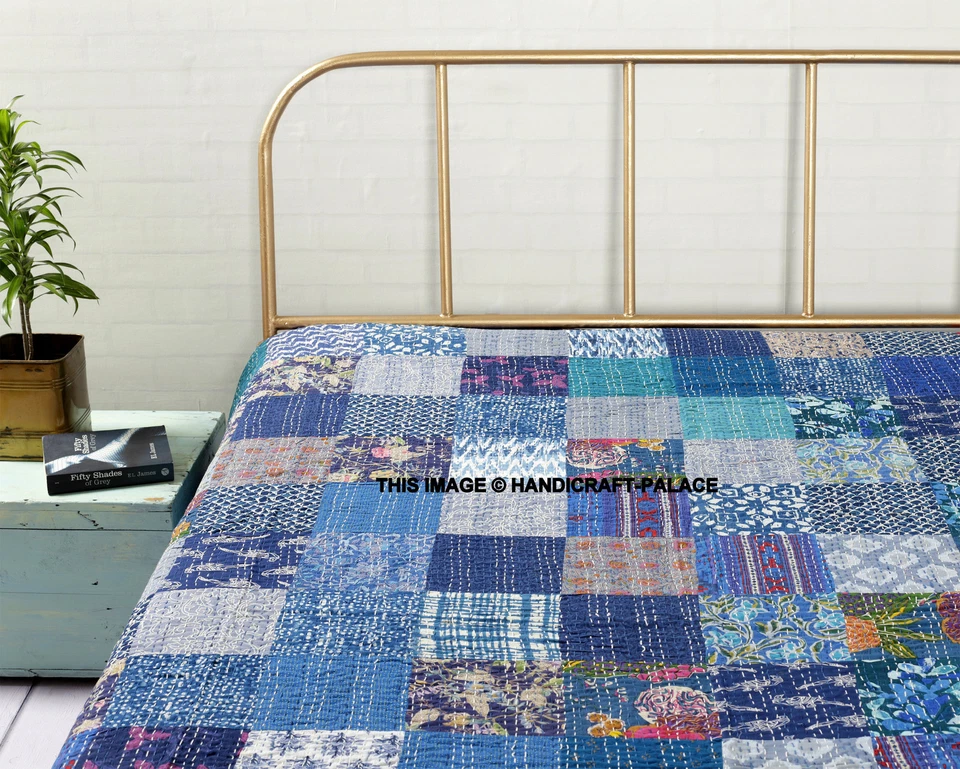 Colcha india hecha a mano azul Kantha manta de algodón Gudri Queen Foto 2 de 4