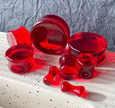 PAIR Red Glass Double Flare Plugs Gauges Tunnels Earlets Body Piercing Jewelry