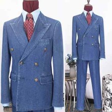 New Blue Denim Men Suits 2 Piece Fashion Peak Lapel Double Breasted Blazer Sets
