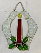 Leaded Stained Glass Christmas Candle Holly Berries Hanging Window Suncatcher