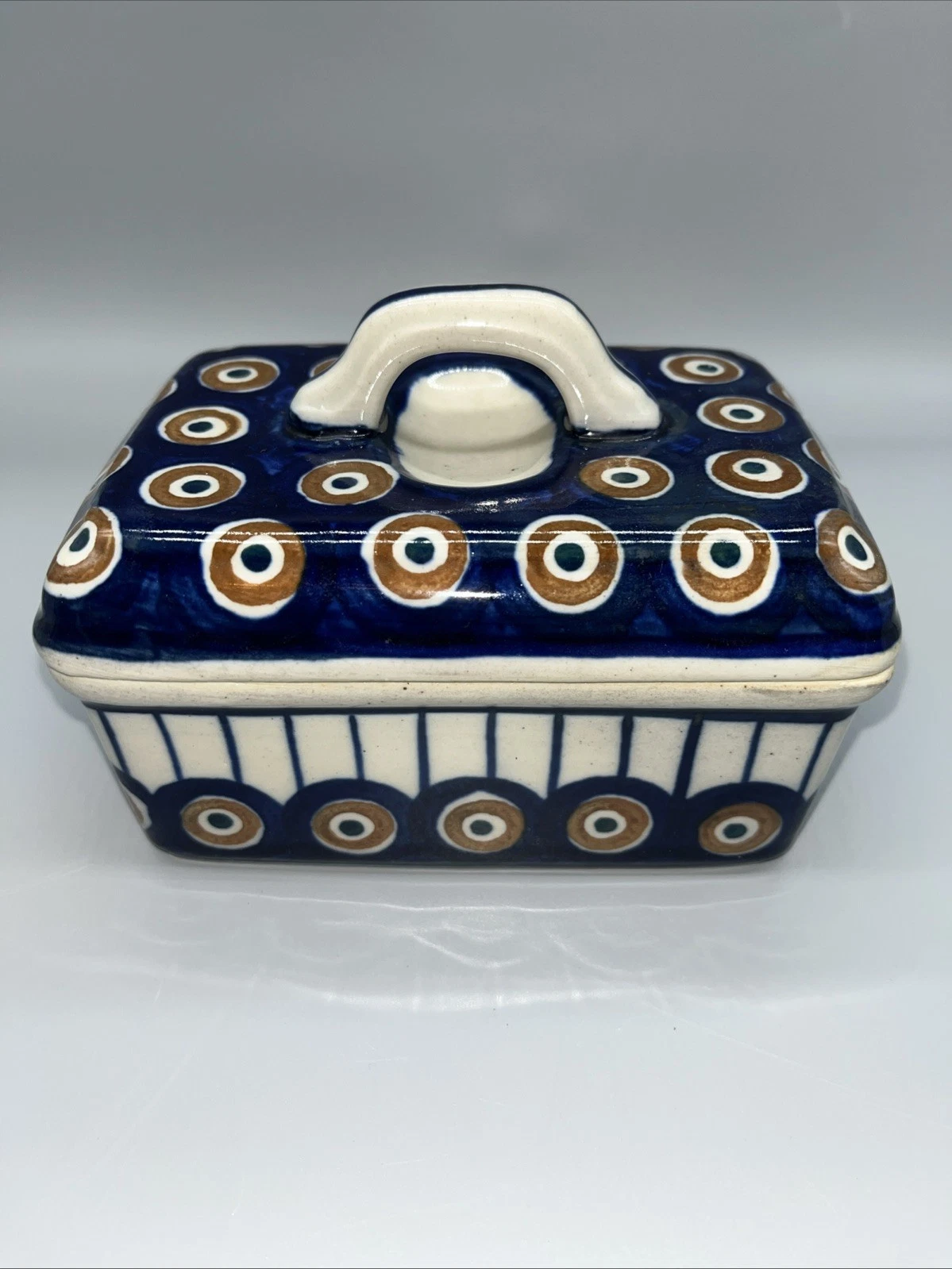 Polish Pottery Butter Dish Covered Storage Container W/ Lid Blue Circles Peacock