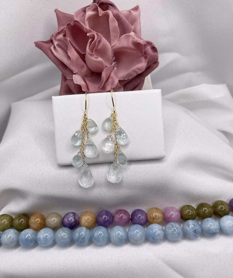 Pendientes Aguamarina Natural Briolette Piedras Preciosas Colgantes Oro 14K Relleno Foto 2 de 4