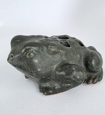 Vintage Dark Green Frog Shaped Pottery Flower Frog