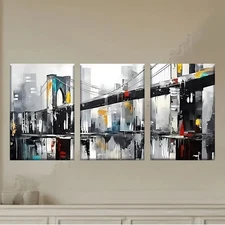 3pcs  a painting of a cityscape with a bridge  Wall Art Canvas Framed 50x70cm