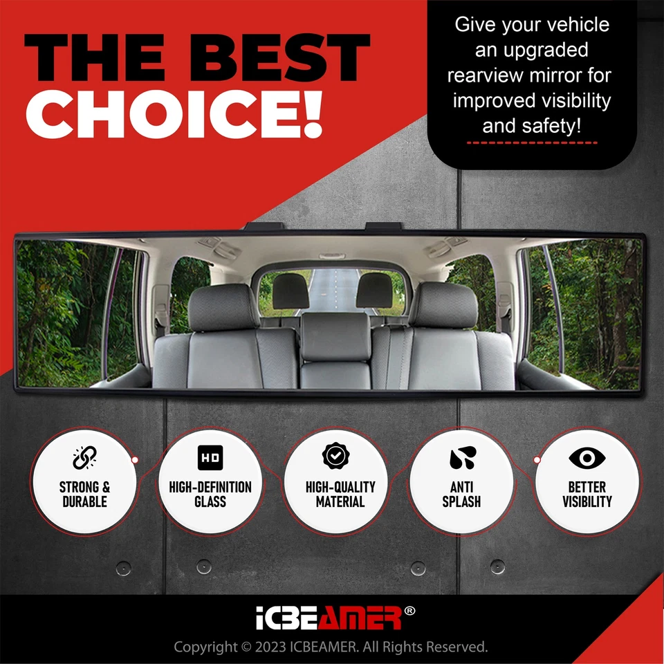 ICBEAMER 400mm Wide Convex Interior Clear Rear View Universal Fit Mirror U347 - Image 2 of 4