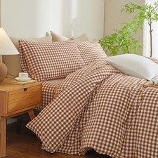 Gingham Duvet Cover Queen Size Burnt Orange White Plaid Checkered Comforter C...