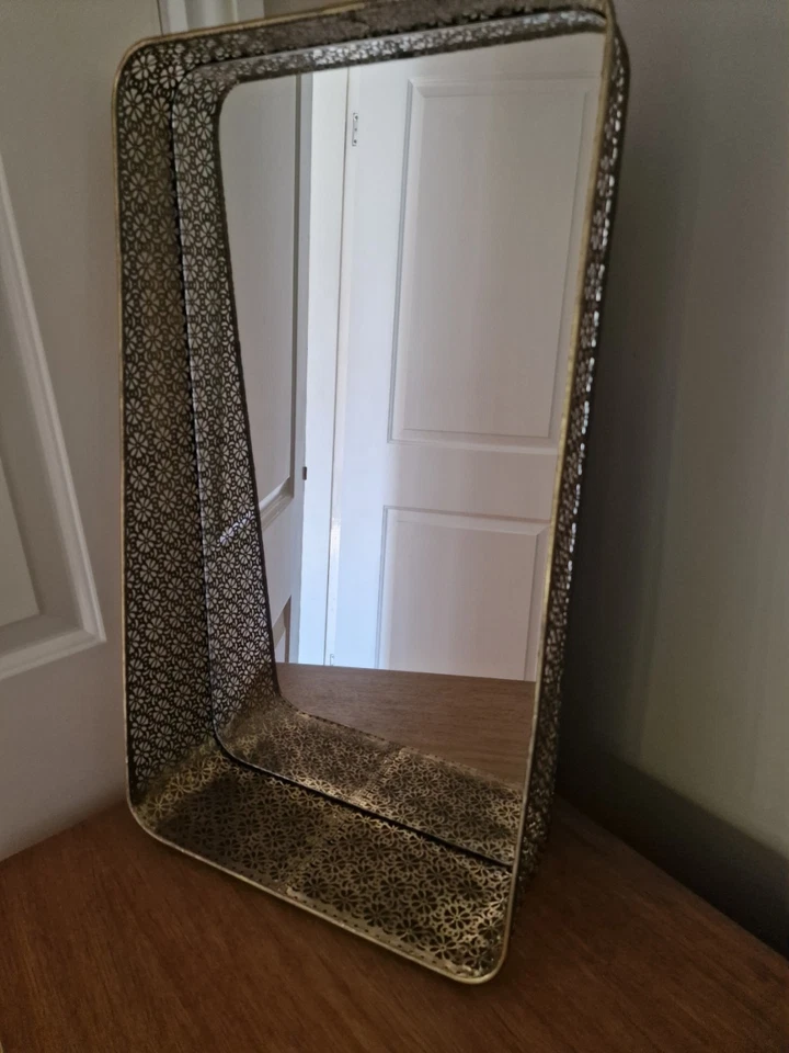 Gold Cut Out Patterned Metal Rectangular Vertical Mirror With Shelf Wall Mounted - Image 2 of 4