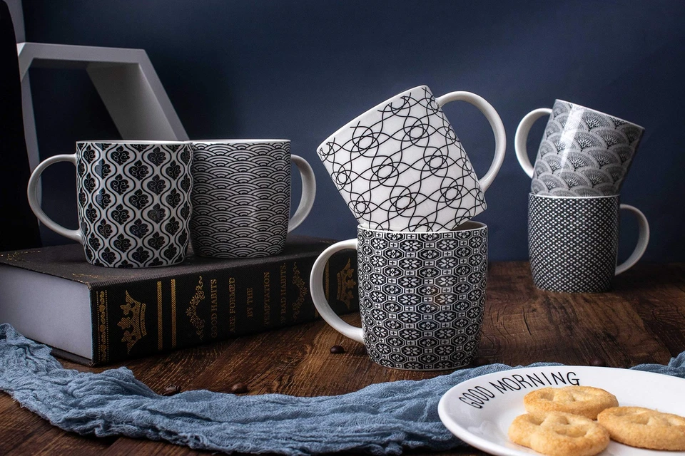 Juego de 6 tazas de café de 11,5 oz con patrones geométricos en blanco y negro, cerámica... Foto 3 de 4