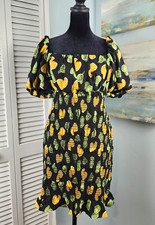 ASOS Fruit Print Dress 8 Puff Sleeve Square Neck Smocked Body-Hugging Skirt
