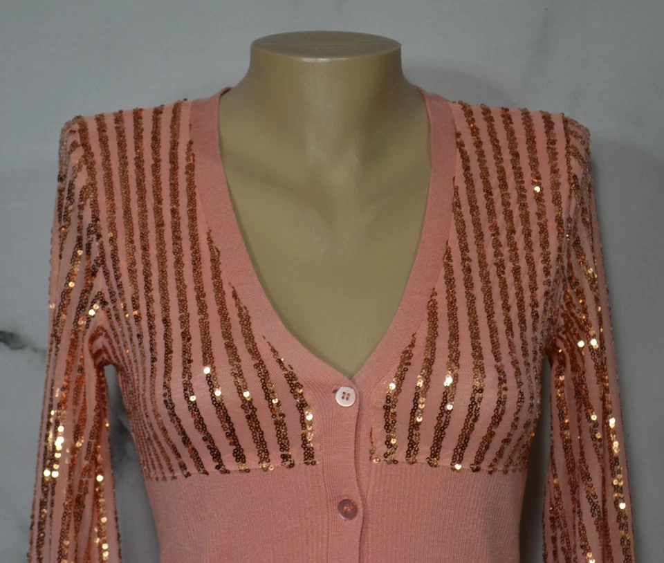 Suéter Cárdigan VENUS Rosa Rosa Lentejuelas Rayas Pequeño Acanalado Cintura y Puños Foto 2 de 4
