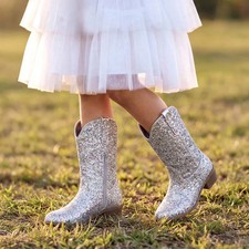 Girls Glitter Cowgirl Boots Western Mid Calf Boots Almond Toe Low Heel
