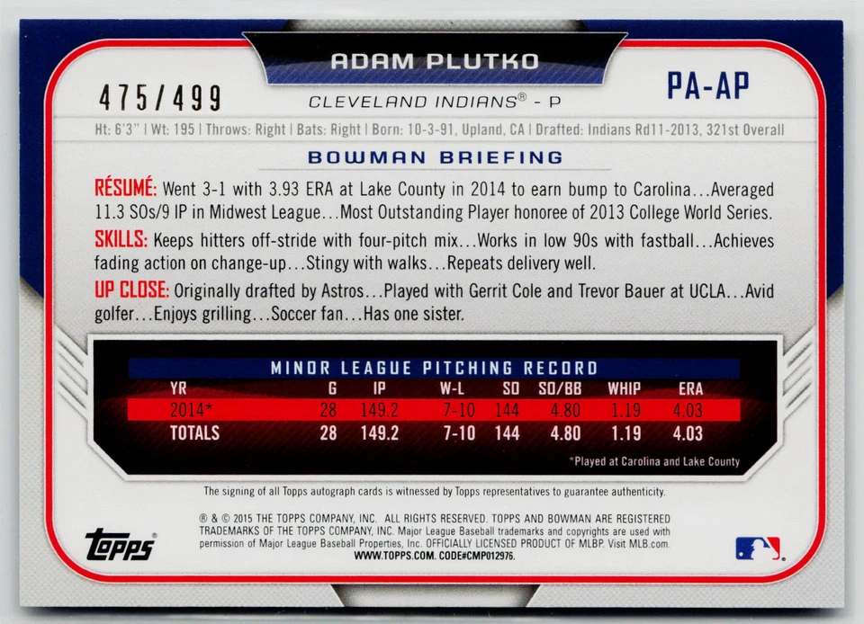 Adam Plutko 2015 Bowman PA-AP Paper Prospect Autograph Silver /499 - Image 2 of 2