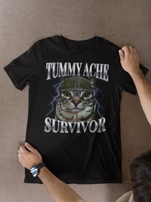 Tummy Ache Survivor Funny Meme Tshirt, Silly Cursed Cringe Cat T-shirt