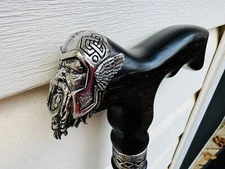 Old Vtg Asterom Viking Design Walking Stick Cane Hand Wood Thor God of Thunder
