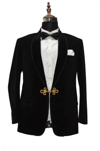 Men Black Smoking Jackets Golden Clouser Luxury Designer Party Wear Blazer Coat