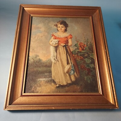 Vintage Jane Freeman 'Chums' Girl  & Cat Print 8 x 10 Textured Print Wood Frame