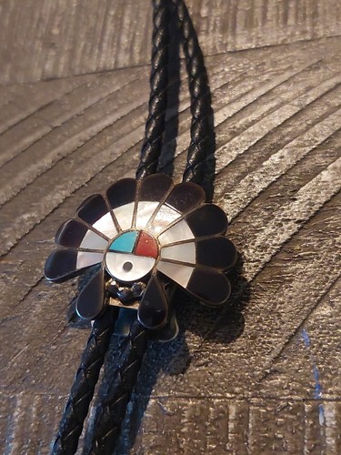 VTG ZUNI Native American Silver Abalone Turquoise Indian Zuni Bolo Tie