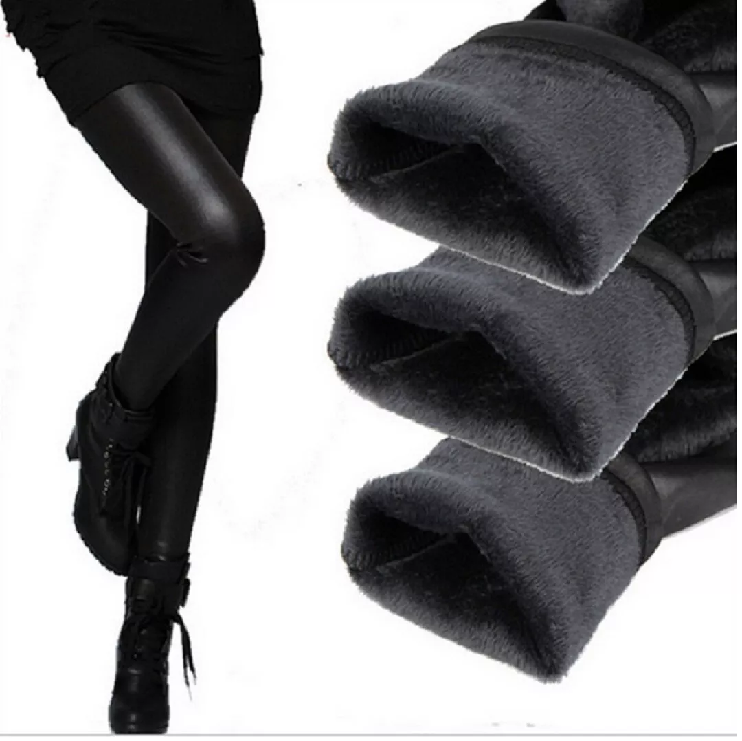 Women Thermo Legging Fleece Warm Winter Wet Look Stretchy Leather Optic  Latex
