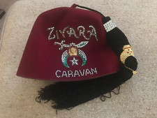 Vintage Masonic Shriner Fez Hat- Jeweled Ziyara- Caravan-Tassle/Pins/Pouch-7 3/8