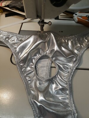 Men S M L or XL Shiny Metallic Silver Thong Flat front open Hole flat Handmade 