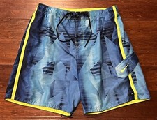 Nike Blue Neon Yellow Mens Medium Drawstring Cargo Logo Swim Trunks Board Shorts
